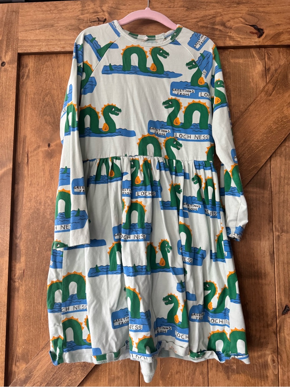 Mini Rodini Long Sleeve Dress with Loch Ness Monster Print - Green/Blue